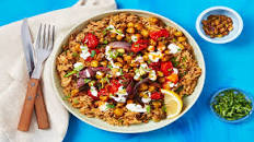 Shawarma-Spiced Shrimp Bowls with Chickpeas, Pistachio Rice & Garlicky White Sauce