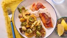 Sheet Pan Cajun-Spiced Salmon with Roasted Vegetables & Spicy Sour Cream