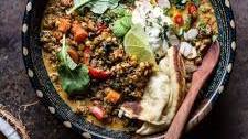 Simple Coconut Quinoa and Lentil Curry with Lime Mango.