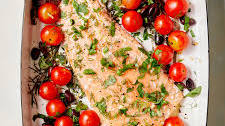 Slow-Roasted Salmon with Garlicky Tomatoes, Olives, and Herbs