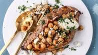 Slow Roasted Sweet Potatoes with Spicy Garlic Chickpeas and Blue Cheese Sauce