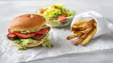 Smoked Tofu Burger with Smashed Avocado, Golden Fries and Zesty Salad