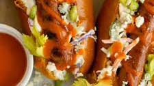 Spicy Buffalo Hotdogs with Blue Cheese Slaw