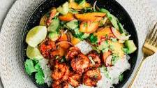 Spicy Shrimp Bowl Recipe with Rice and Peach Avocado Salad