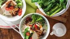 Steamed tofu and Asian greens with sticky honey soy sauce