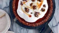 Vegan gluten-free pumpkin pie with a pecan crust