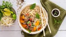Vietnamese Beef Meatball Pho Soup with Rice Noodles and Toppings