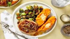 Autumn-Spiced Pork Chops with Roasted Brussels Sprouts and Honey Butter Sweet Potatoes