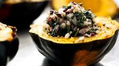 Baked Acorn Squash Stuffed With Wild Rice and Kale Risotto