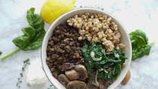 Green Lentil Bowl with Farro, Mushrooms, and Spinach