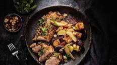 Herbed Pork Fillet and Roast Potatoes with Pear, Beetroot and Hazelnuts