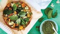 Pesto, roasted pumpkin and baby spinach pizza