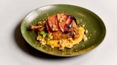 Prosciutto wrapped Duck A L’Orange Legs, Pumpkin Puree and Grilled Asparagus