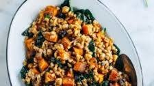 Roasted Sweet Potato, Kale and Farro Salad with Lemon Tahini Dressing