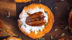 Sweet Potato Crostini with Goat Cheese and Candied Pecans