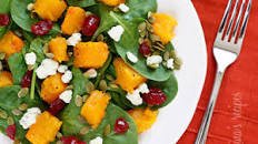 Baby Spinach Salad with Honey Roasted Butternut Squash, Pumpkin Seeds, Gorgonzola and Dried Cherries