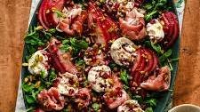 Burrata, Prosciutto and Red Wine Poached Pear Salad