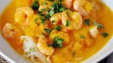 Butternut Squash and Coconut Curry Soup with Shrimp and Rice Noodles