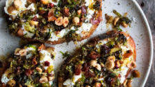 Caramelized Brussels Sprout Toast with Burrata & Bacon