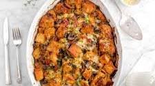 Cheesy Sourdough Mushroom, Bacon, and Brussel Sprout Stuffing