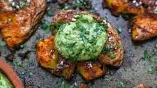 Crispy Chili Smashed Potatoes with Avocado Chimichurri