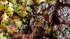 Garlic Butter Steak Bites and Cheesy Smashed Potatoes