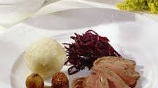 Goose Breast with Potato Dumplings, Red Cabbage, and Chestnuts