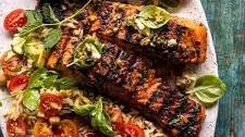 Greek Salmon with Lemon Feta and Orzo Summer Salad.