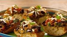 Grilled Eggplant Caponata Bruschetta with Ricotta Salata