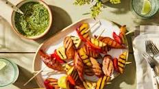 Grilled Sausage and Summer Veggie Skewers With Creamy Chimichurri