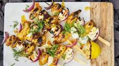 Halloumi and potato skewers with preserved lemon and dill dressing recipe