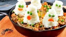 Halloween Celebration: Spooky Shepherd's Pie With Ground Beef And Mashed Potato Ghosts