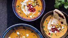 Moroccan Butternut Squash and Goat Cheese Soup with Coconut Ginger Cream + Pistachios