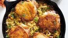 One-Skillet Chicken Thighs with Curried Cabbage and Chickpeas