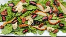 Oven Roasted Pear & Spinach Salad with Cashew Ricotta & Candied Pecans