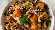 Quinoa Salad with Roasted Squash, Caramelized Onions and Wilted Spinach