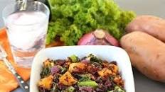 Quinoa Salad with Roasted Sweet Potatoes, Kale, Dried Cranberries, & Red Onion