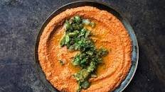 Roast red pepper dip with lemon and olive salsa