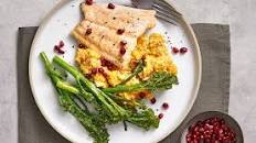 Roast salmon with butternut houmous mash