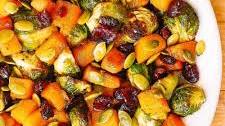Roasted Brussels Sprouts Salad with Maple Butternut Squash, Pumpkin Seeds, and Cranberries
