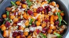 Roasted Chickpea And Sweet Potato Salad (With Sweet Tahini Dressing)