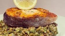 Salmon with lentils and wholegrain mustard sauce. | The Greek Food