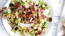 shaved brussels sprouts salad with warm maple-bacon vinaigrette