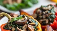 Spinach and Mushroom Stuffed Bell Peppers with Roasted Sweet Potato Wedges