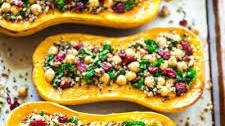 Stuffed Butternut Squash with Quinoa, Kale, Cranberries, and Chickpeas