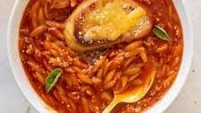 Tomato Orzo Soup with Crunchy Cheddar Toasts