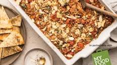 Turkish lentil veggie skillet with feta and almond topping